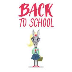 Cute zebra character Back to school concept with lettering sign.