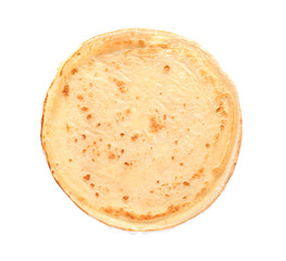 Tasty thin pancake on white background