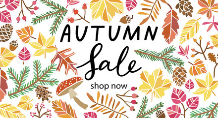 Fototapeta na wymiar Autumn sale vector design. Fall leaves background