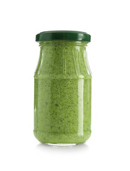 Jar with tasty sauce on white background
