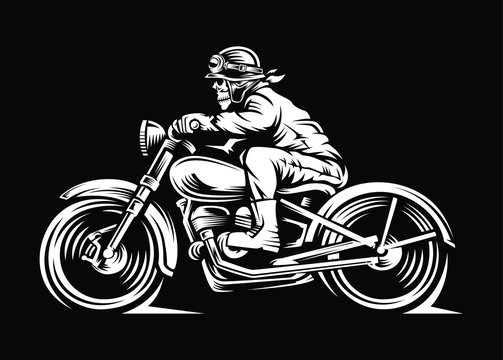 Illustration Skull Motorcycle Rider In A Black Background