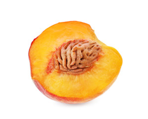 Half of fresh peach on white background