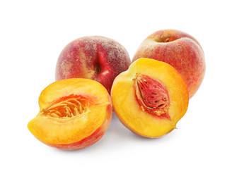 Fototapeta na wymiar Fresh peaches on white background