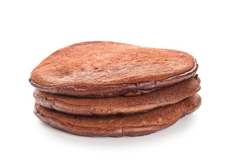 Tasty chocolate pancakes on white background