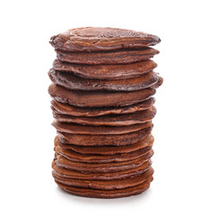 Tasty chocolate pancakes on white background