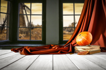 Fototapeta na wymiar table background and autumn window space 