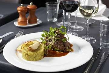 Steak gourmet with sauce and vegetables