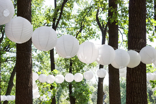 Paper lanterns in the park in the trees. Sunny. Summer