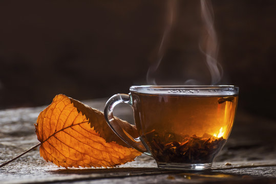 A smoky cup with tea and a red dry leaf on a dark background. The atmosphere of autumn.
