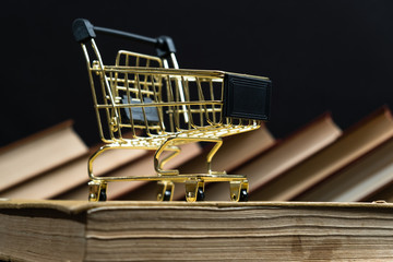 Stack of old books on a wooden shelf and shopping carts
