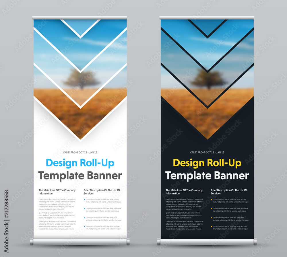 Poster vector design of roll-up banner with arrows and place for photo