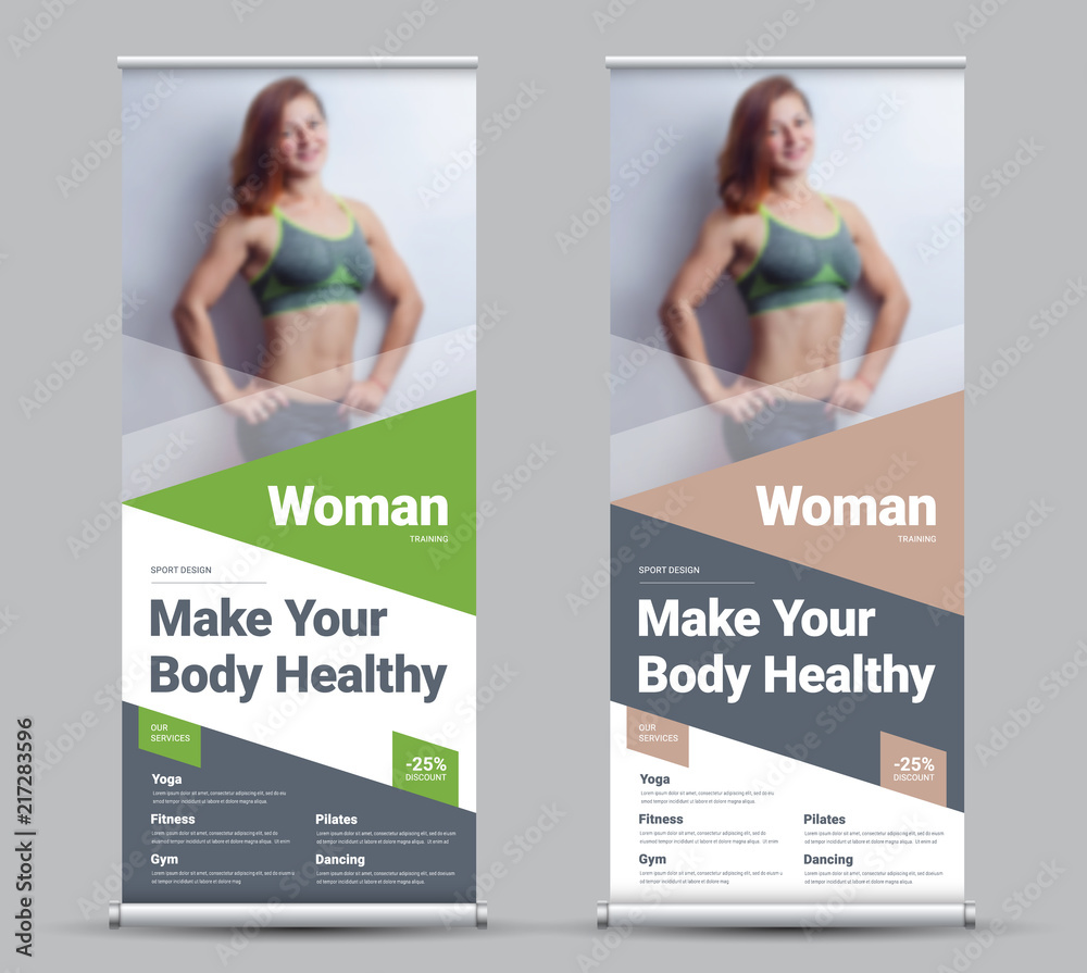 Poster Design of a vector roll-up banner with diagonal and triangular elements and a place for photos