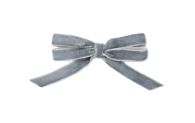 Beautiful bow made from grey ribbon on white background