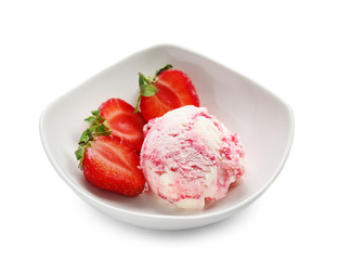 Bowl with delicious strawberry ice-cream on white background