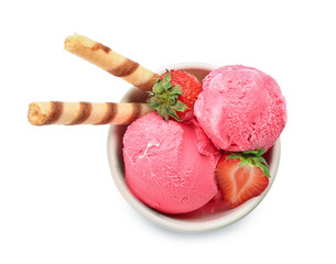 Bowl with delicious strawberry ice-cream on white background