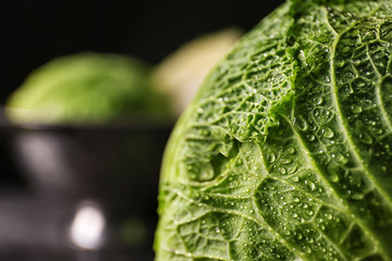 Fresh cabbage with drops on dark background, closeup