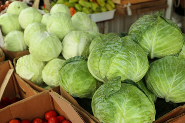 Fototapeta na wymiar Fresh cabbage in cardboard boxes at market