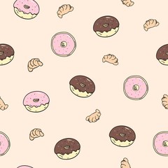 Seamless pattern with with donuts and croissants. Vector illustration. Doodle art.