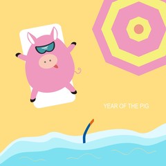 Pig sunbathing on the beach by the sea. Zodiac chinese symbol. Greeting card. Summer beach holidays. Vector illustration. the year of the Pig 2019.