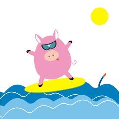 Pig Windsurfing in the sea. Vector illustration. funny vector illustration. Zodiac chinese symbol 2019. The year of the pig. Greeting card.