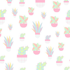 Seamless pattern of Cactuses and Succulents with funny. Editable elements, icons for textile, web.