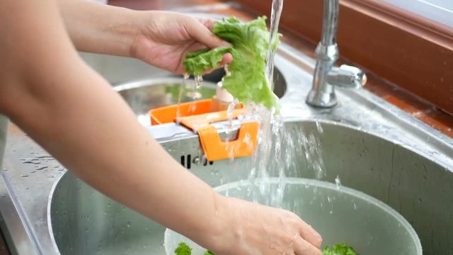 4K footage. woman holding and draining water out of fresh lettuce , washing vegetable from sink at counter kitchen for prepare ingredients for cooking
