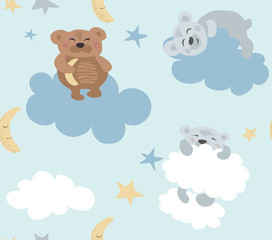 Blue seamless pattern with cute sleeping bears and clouds.