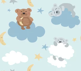 Deurstickers Slapende dieren Blauwe naadloze patroon met schattige slapende beren en wolken.
