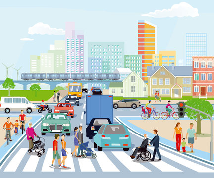 Öffentlicher Verkehr mit Fußgänger und Straßenverkehr, Illustration