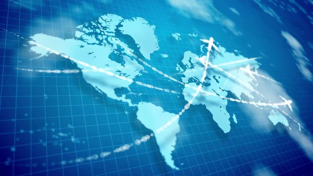 A cheery 3d rendering of white airplanes flying thru long routes marked with smoky lines over the light blue world map with a network. They shape the mood of optimism and development. 