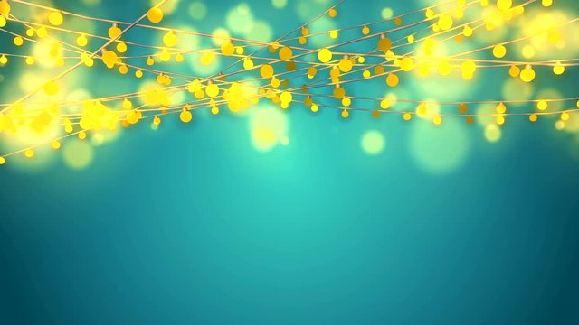 A celebratory 3d rendering of Christmas lights made in forms of yellow bulbs fixed on long wires in the green background. They sparkle and shimmer creating the mood of fest and joy.  