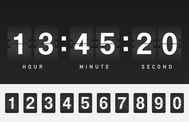 Black flip board countdown timer with white figures in airport style. - 217285970