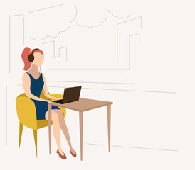 Girl with laptop work, communicate and listening music. Flat style.