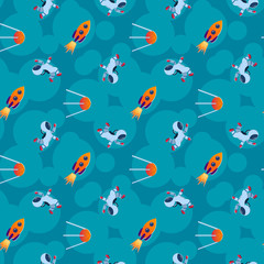 Seamless space pattern. Planets, rockets and stars, astronauts. Cartoon spaceship icons. Kids pattern.