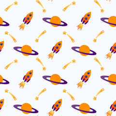Seamless space pattern. Planets, rockets and stars, astronauts. Cartoon spaceship icons. Kids pattern.