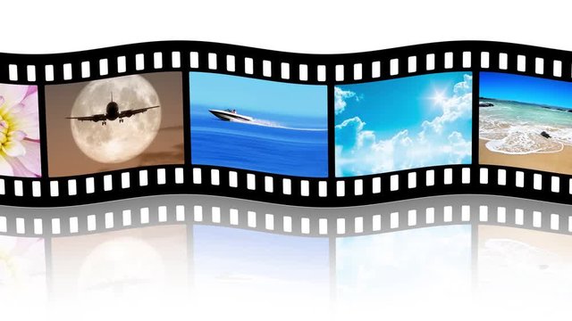 Filmstrip with different photos on white background