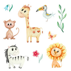Watercolor cute animal set isolated. Lovely children's illustration