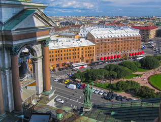 Tower of St. Isaac's Cathedral close-up, St. Petersburg, Russia. View of St. Petersburg from a height, cityscape.
