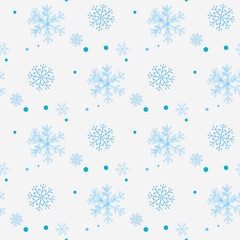 Abstract seamless pattern of falling blue snowflakes on white background. Winter pattern for banner, greeting, Christmas and New Year card, invitation, postcard, paper packaging. Vector illustration
