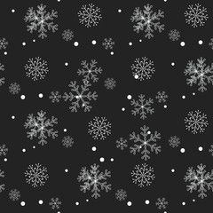Christmas seamless pattern of snowflakes gray and white on black background