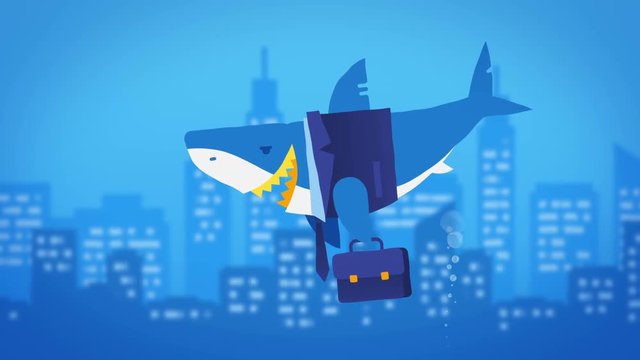 Business shark and large underwater city. Loop animation.