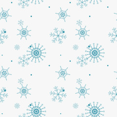 Abstract seamless pattern of falling blue snowflakes on white background. Winter pattern for banner, greeting, Christmas and New Year card, invitation, postcard, paper packaging. Vector illustration