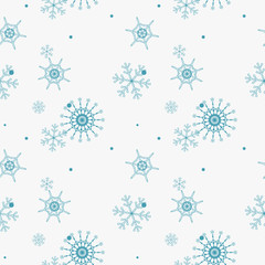 Naklejka premium Abstract seamless pattern of falling blue snowflakes on white background. Winter pattern for banner, greeting, Christmas and New Year card, invitation, postcard, paper packaging. Vector illustration