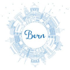 Outline Bern Switzerland City Skyline with Blue Buildings and Copy Space.