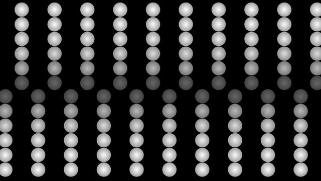 A jolly 3d rendering of led panel lights from billiard balls placed in rows and forming twenty vertical ways. Ten of them roll in an opposite way in the black background. They look active and funny.