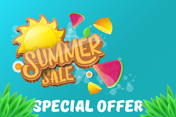 vector sammer sale horizontal banner with text, summer green grass, flying fresh lemons, flowers and slice of watermelon. Creative 3d summer shopping horizontal poster or label