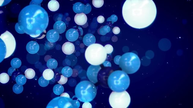 A funny 3d rendering of celeste, white and blue atoms connected in volumetric molecular jumping up and down in the dark violet background. It looks like a chemical research in a laboratory. 