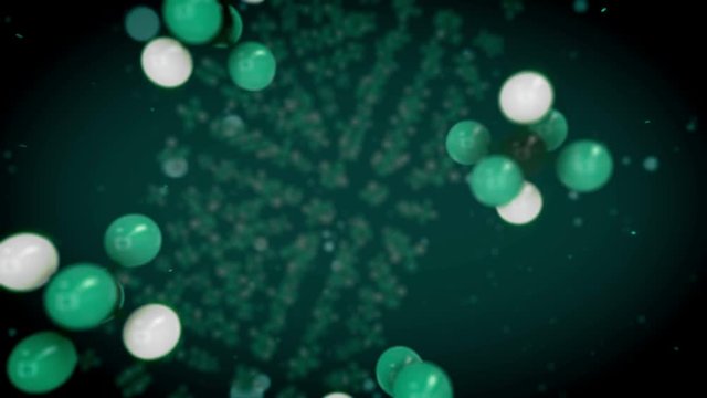 An arty 3d rendering of green, white and black atoms linked in multidimensional molecular structures flying away in the dark green background. It looks like a medical research in a chemical lab. 