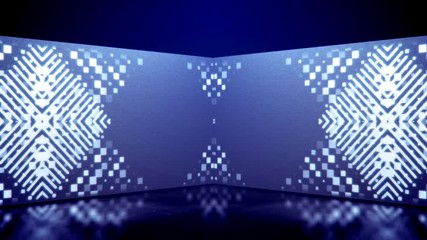 An opt art 3d rendering of neon tunnel movement of white lines and squares playing kaleidoscopic games in the blue background. They rotate, grow bigger, turn right and left, and look funny.