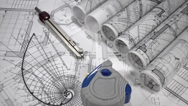 architecture, construction, building, business, education, creation and art concept - abstract architectural blueprint, professional tools and equipment for architecture & design